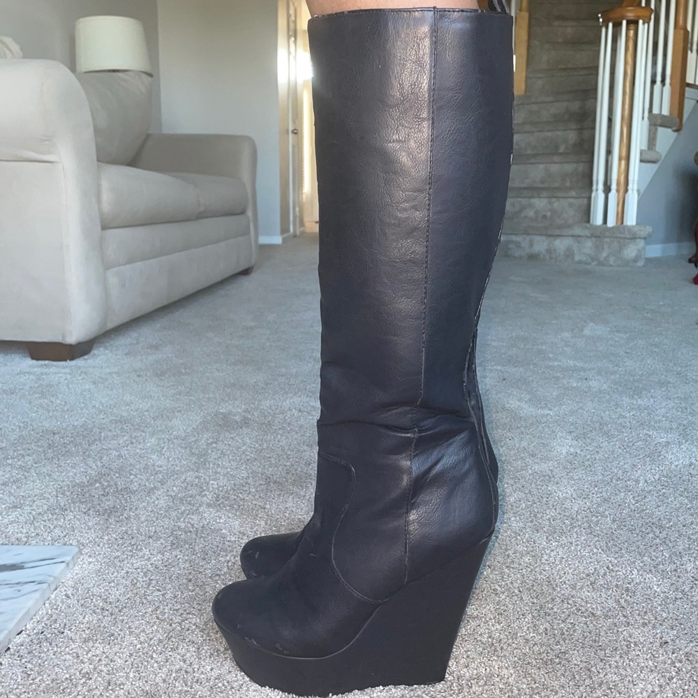 Black below the knee synthetic material wedge heel boots size 8 preowned / used
